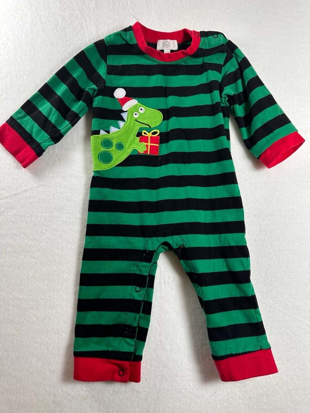 Honeydew Intimates Christmas Green and Black Striped Dinosaur Applique Romper 6-